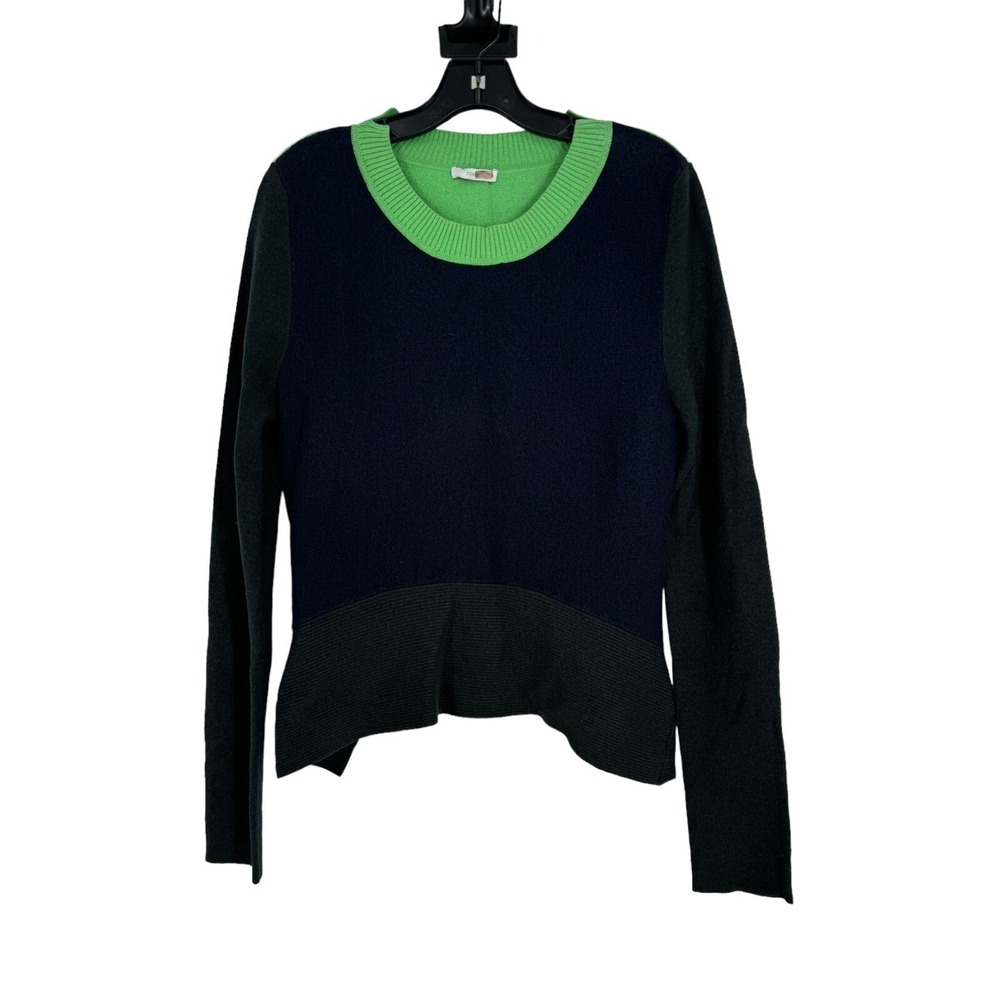 Tome Women's Navy Green Colorblock Merino Wool Sweater Slit Peplum Size Medium